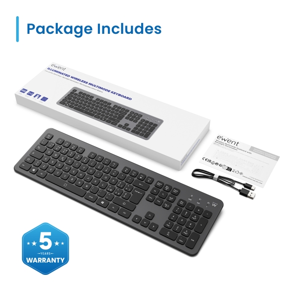 Teclado sem fios multiligação Ewent EW3296 - 3 ligações simultâneas - 1 sem fios 2,4 GHz, 2 Bluetooth 5.0 - Preto