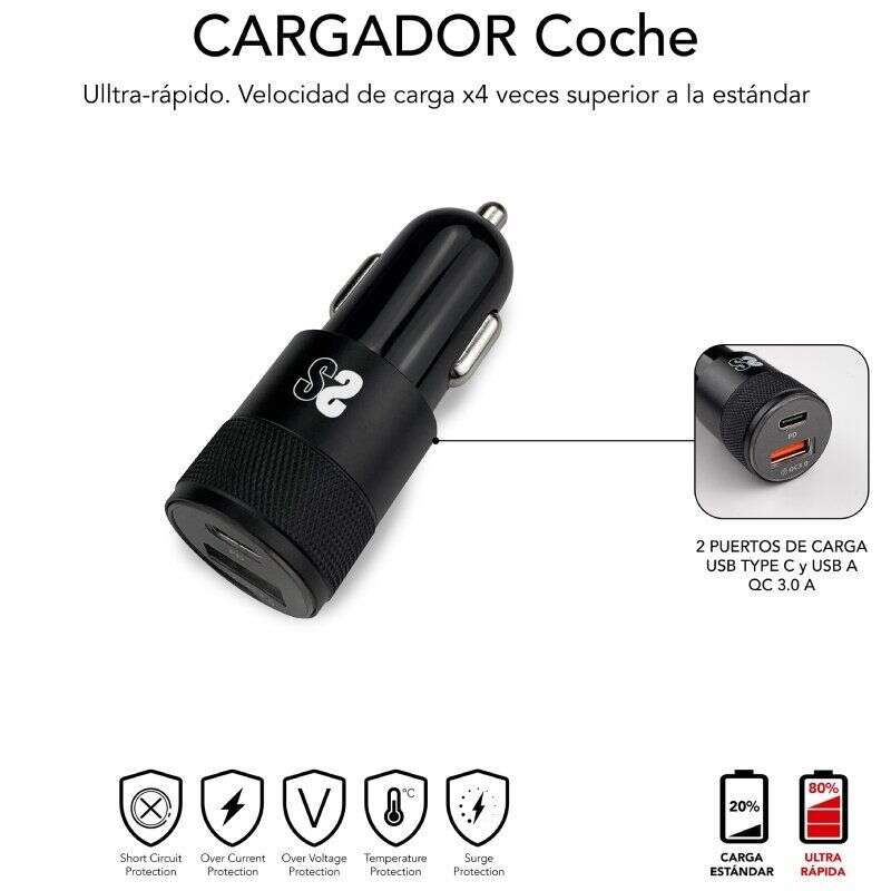 Carregador de isqueiro duplo Subblim PD20W + QC3.0 + cabo C para C/Lightning - Carregamento rápido - 2 portas USB C + USB A - Cabo USB C reversível com adaptador Lightning - Potência máxima de 20 W - Preto
