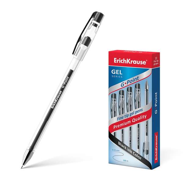 Caixa 12 Canetas de gel Erichkrause G-Point - Tinta de gel de secagem rápida - Corpo transparente com pega triangular - Ponta de agulha - Preta