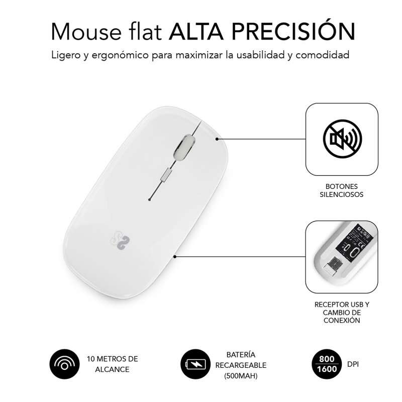 Rato Subblim Dual Flat - Ligação Dupla - Clique Silencioso - Bateria Recarregável - Roda de Silicone - Precisão de 1600 DPI - Branco