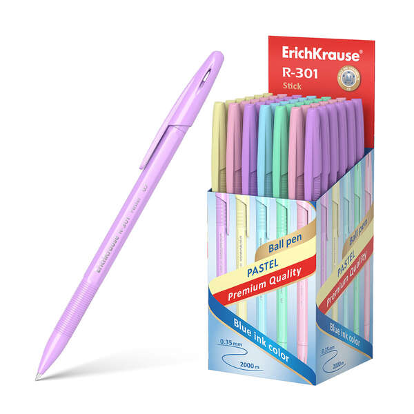 Caixa  50 Unid. Caneta Esferográfica Pastel Erichkrause R-301 0,7mm - Linha 0,35mm - Corpo Hexagonal Opaco em Cores Pastel - Tinta de Secagem Rápida - Cor Azul