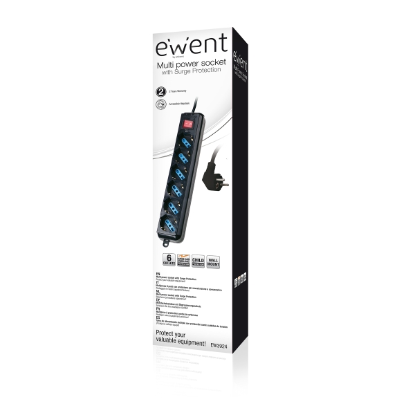 Tomada de linha Ewent - 6 tomadas - Versão Schuko - 16A com interruptor on/off - Proteção contra sobrecarga - Cabo de 1,5 m - Preto