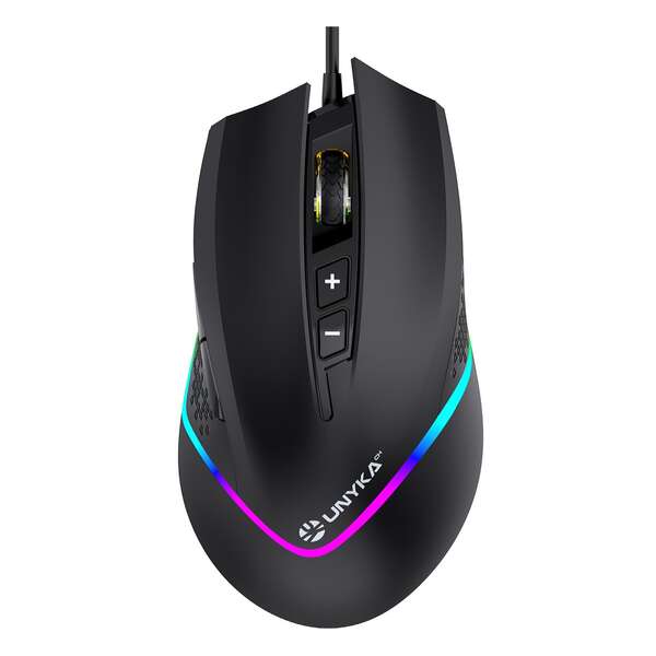 Rato gaming USB Unykach Nova M244 com iluminação RGB de 6400 dpi - 5 botões - Utilização para destros - Cabo de 1,50 m - Preto
