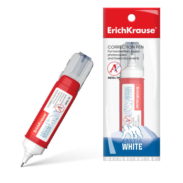 Caneta Corretora Erichkrause Arctic White - Ponta de Plástico para Correções de Pontos - Excelentes Resultados com Todos os Tipos e Cores de Tinta - Resistente ao Frio - Branca