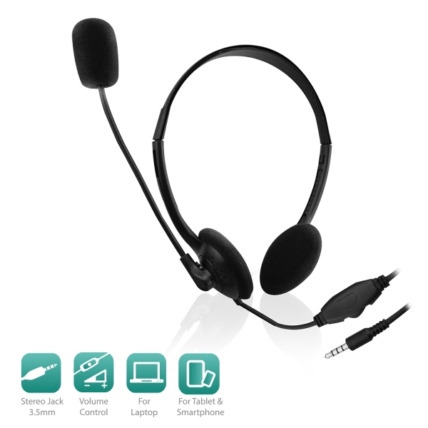 Auscultador Ewent Chat com microfone e controlo de volume - Cabo de 2 m, 1 conector de 3,5 mm e 4 pinos - Preto