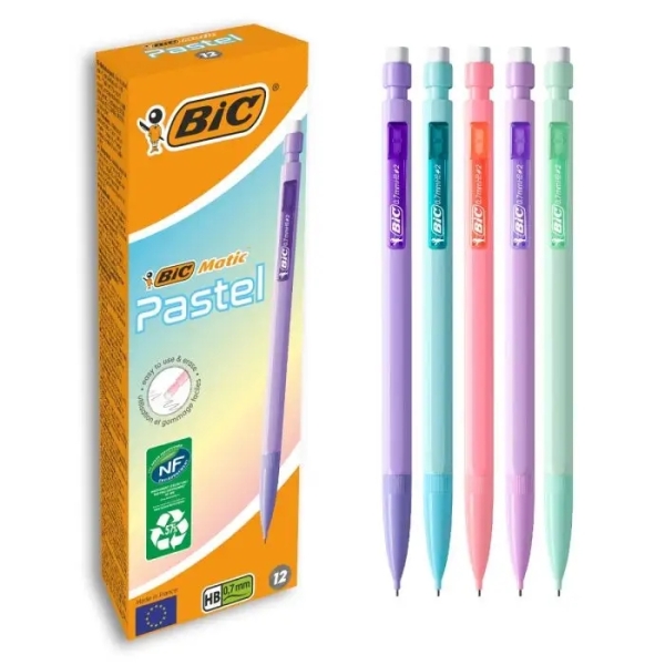 Caixa 12 Lápis Portaminas Bic Matic Pastel 0,7mm HB com Borracha - Ponta Retrátil - Corpo em Cores Pastel Sortidas