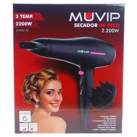 Secador de cabelo Muvip 2200W - Motor DC - 2 velocidades e 3 temperaturas - Botão de ar frio - Gancho para pendurar