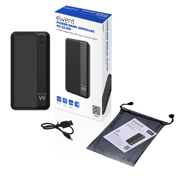 Powerbank Ewent EW1163 20000mAH 22,5W PD - USB-A, USB-C - Cor Preto