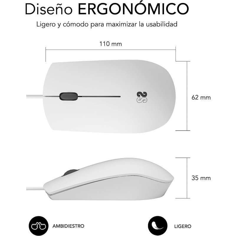 Rato óptico empresarial Subblim - Todo-terreno - Clique silencioso - Ergonômico - Liberdade com fio - Simplicidade e minimalismo - Branco