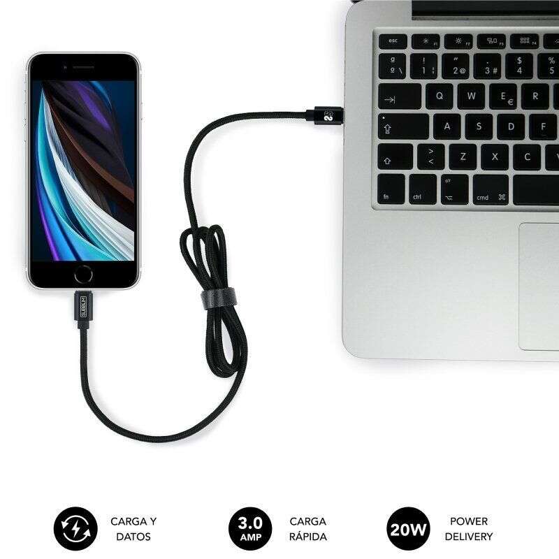 Carregador de isqueiro duplo Subblim PD20W + QC3.0 + cabo C para C/Lightning - Carregamento rápido - 2 portas USB C + USB A - Cabo USB C reversível com adaptador Lightning - Potência máxima de 20 W - Preto