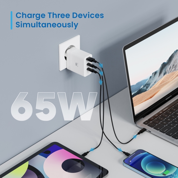 Carregador USB Ewent EW1323 - 3 Portas - Saída Máxima 65W - 1 USB A e 2 USB C - Branco