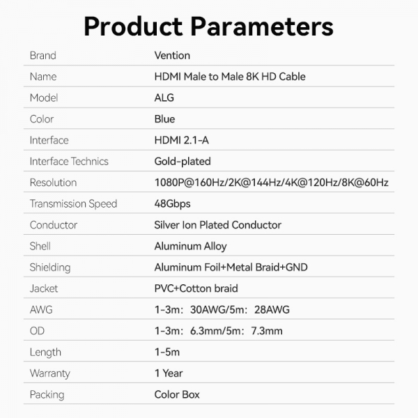Vention Cabo HDMI Macho a HDMI Macho 2.1 8K - 5m - Cor Azul