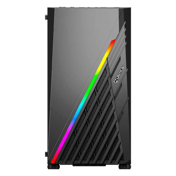Caixa Unykach Mini Glayze Micro-ATX - Iluminação ARGB - Painel lateral em vidro temperado - USB-A 2.0/3.0 e áudio - 1 ventoinha RGB de 120 mm instalada - Preto