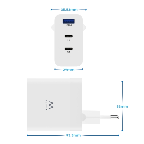 Carregador USB Ewent EW1323 - 3 Portas - Saída Máxima 65W - 1 USB A e 2 USB C - Branco