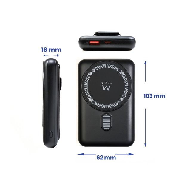 Powerbank Ewent EW1162 Magsafe 10000mAH 22,5W PD e QC - USB-C, USB-A - Cor Preto