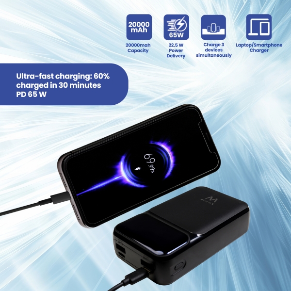 Powerbank Ewent EW1164 20000mAH 65W PD - USB-A, USB-C - Display LED - Cor Preto