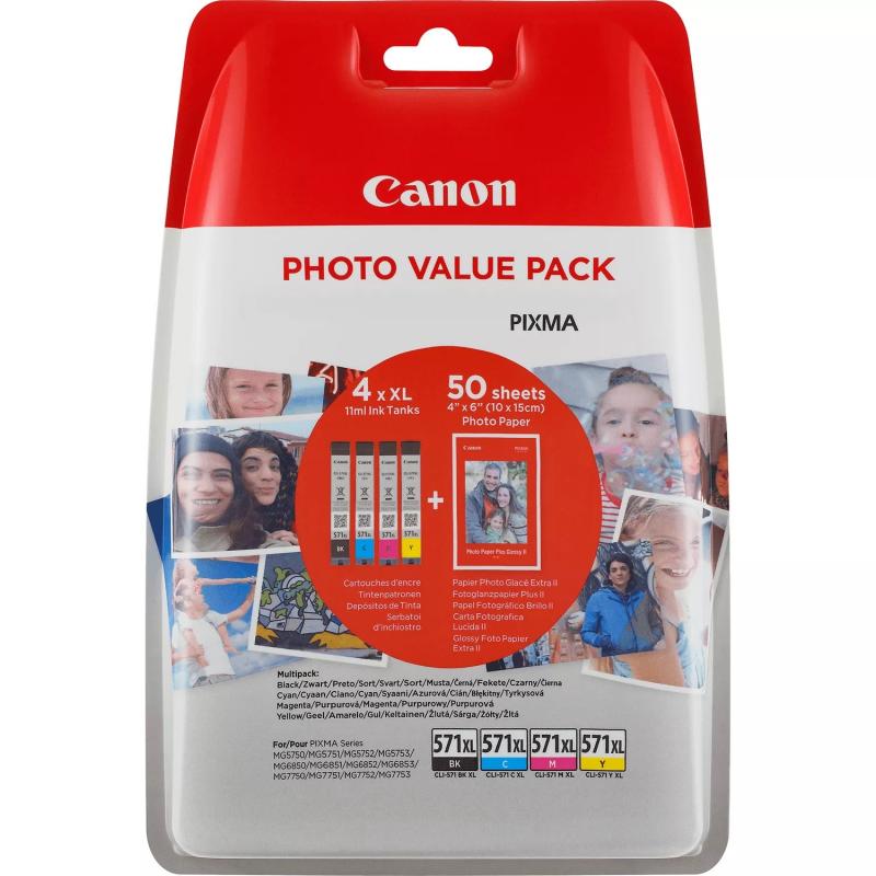 Canon CLI571XL Pack 4 Cartuchos + 50 Folhas Papel Fotografico 