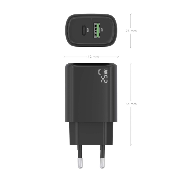 Carregador Aisens 25W - 1xUSB-C PD3.0 - 1xUSB-A QC3.0 - Cor Preto