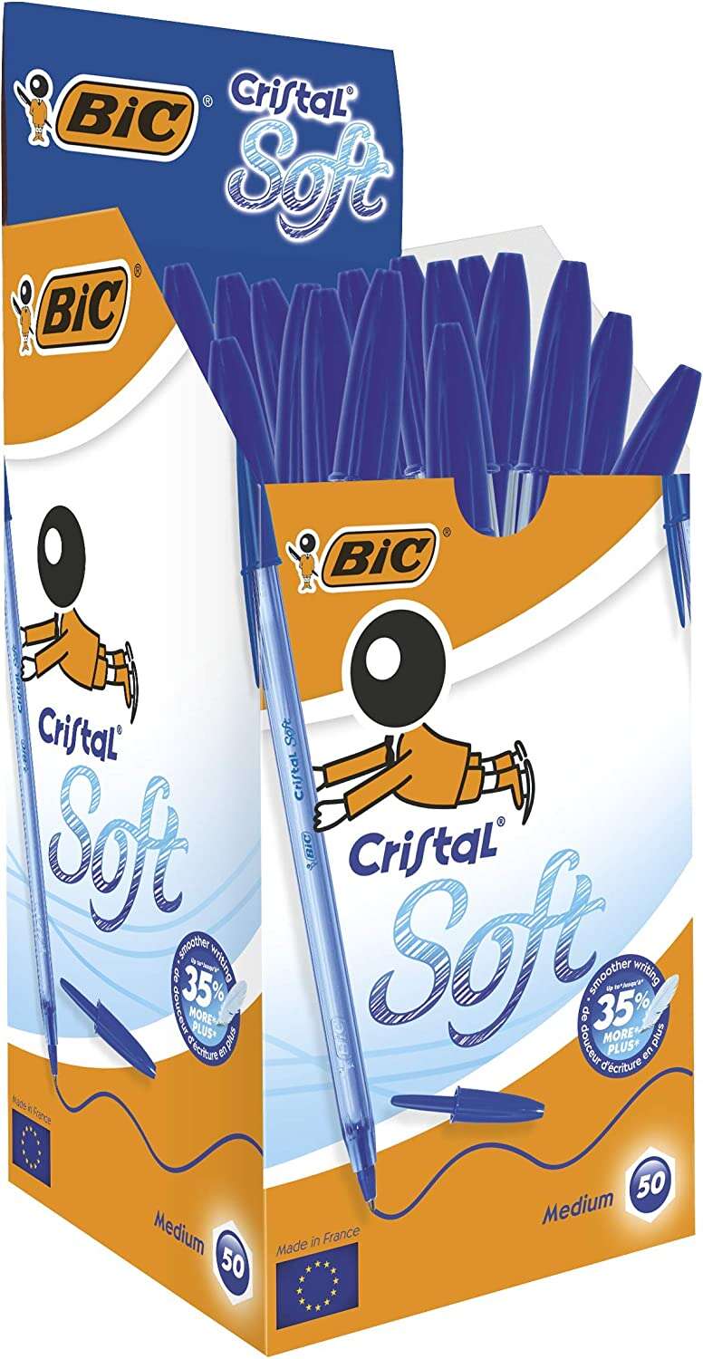 Caixa 50 Canetas esferográficas Bic Cristal Soft - Ponta média de 1,2 mm - Traço de 0,45 mm - Escrita mais suave - Azul