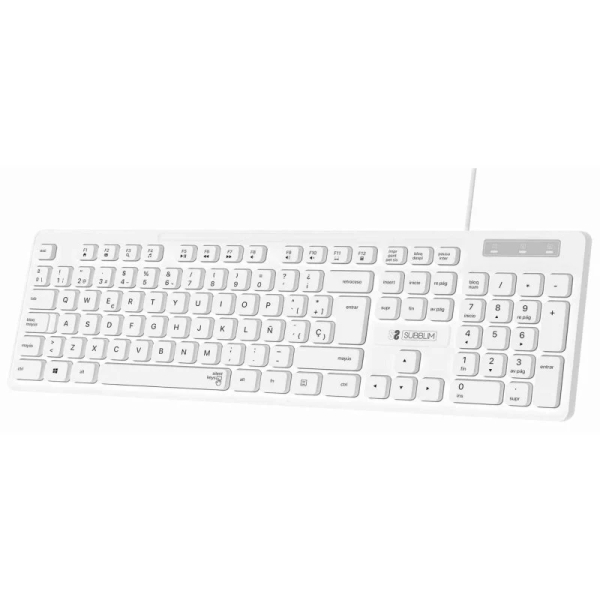 Teclado empresarial silencioso Subblim Slim - 430 x 132 x 23 mm - Teclas planas - Resistente a derramamento - Design fino e completo - Conector USB Plug & Play - Branco