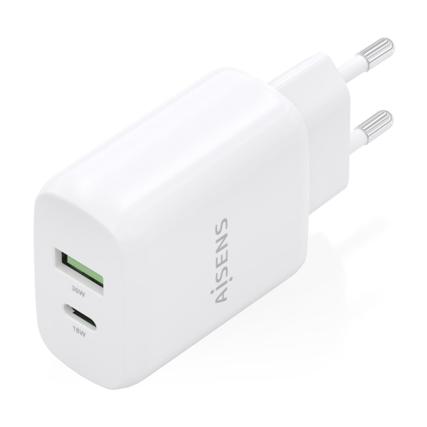 Carregador Aisens GaN 30W - 1xUSB-C PD3.0 QC4.0 - 1xUSB-A QC3.0 - Branco
