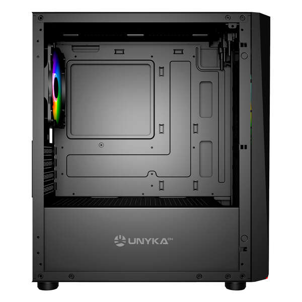 Caixa Unykach Mini Glayze Micro-ATX - Iluminação ARGB - Painel lateral em vidro temperado - USB-A 2.0/3.0 e áudio - 1 ventoinha RGB de 120 mm instalada - Preto