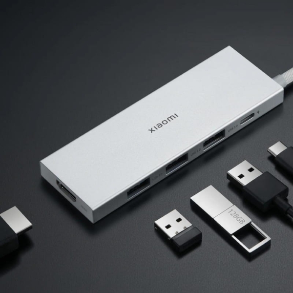 Xiaomi 5 em 1 USB-C Hub com 3x USB-A 3.0, 1x USB-C de carregamento rápido até 100 W, 1x HDMI - caixa em alumínio