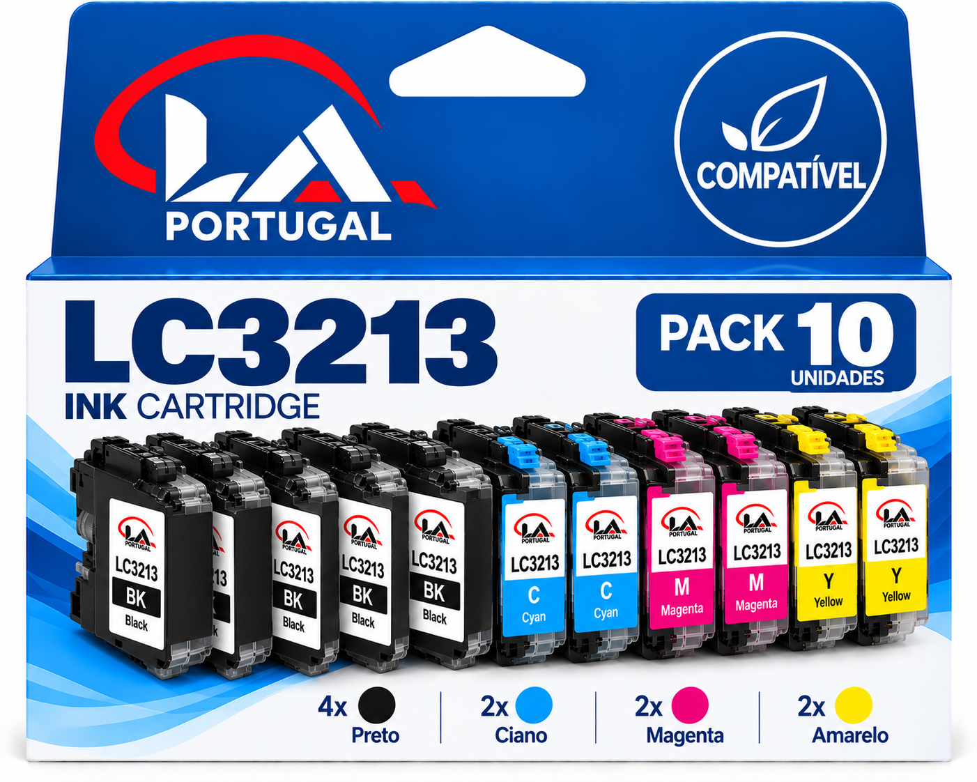 PACK 10 BROTHER LC3213 - 4 PRETOS + 2 CADA COR COMPATIVEIS