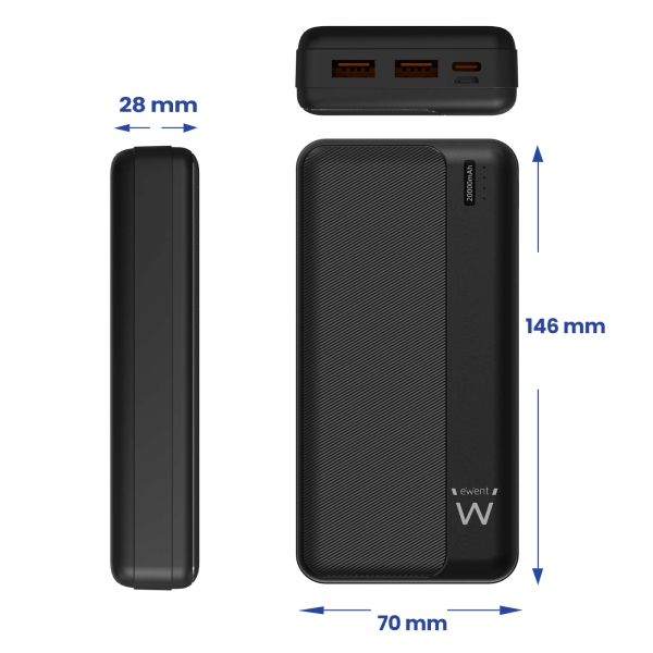 Powerbank Ewent EW1163 20000mAH 22,5W PD - USB-A, USB-C - Cor Preto