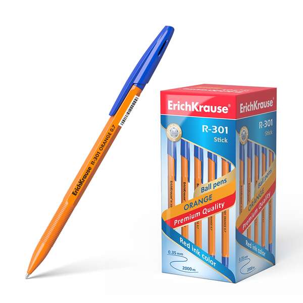 Caixa 50 unidades Caneta Esferográfica Erichkrause R-301 Laranja - Ponta 0,7 mm - Curso 0,35 mm - Tampa Ventilada - Corpo Laranja Mate - Cor Azul