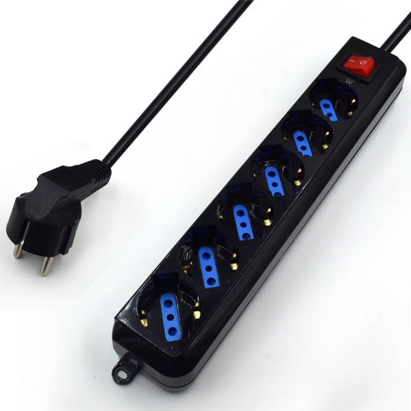 Tomada de linha Ewent - 6 tomadas - Versão Schuko - 16A com interruptor on/off - Proteção contra sobrecarga - Cabo de 1,5 m - Preto