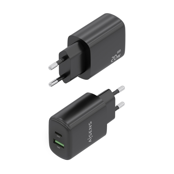 Carregador Aisens GaN 20W - 1xUSB-C PD3.0 - 1xUSB-A QC3.0 - Cor Preto