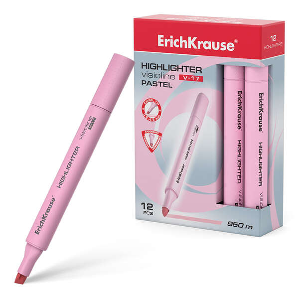 Caixa 12 Marcadores fluorescente pastel Erichkrause Visioline V-17 - Ponta biselada - Linha de 0,6 a 4,5 mm - Tinta à base de água - Rosa pastel