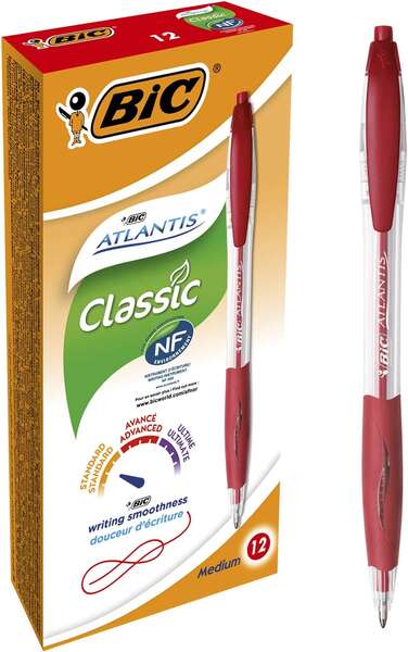 Caixa 12 Canetas Esferográfica Retrátil Bic Atlantis Classic - Ponta de 1 mm - Corpo Transparente com Grip - Vermelha