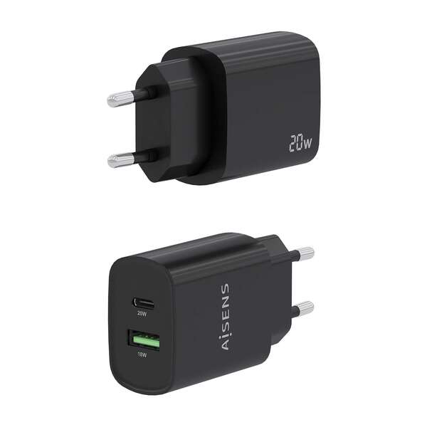 Carregador Aisens 20W - 1xUSB-C PD3.0 - 1xUSB-A QC3.0 - Cor Preto