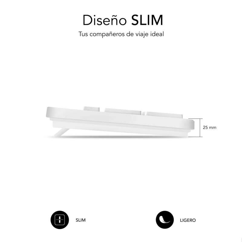 Teclado empresarial silencioso Subblim Slim - 430 x 132 x 23 mm - Teclas planas - Resistente a derramamento - Design fino e completo - Conector USB Plug & Play - Branco