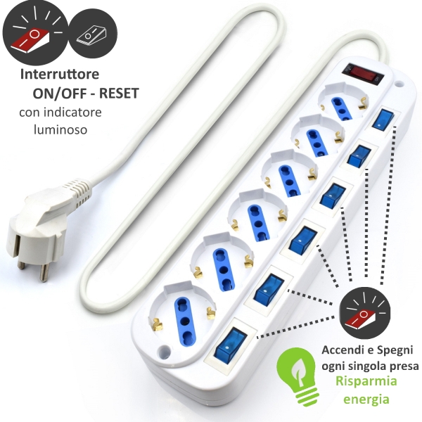 Tomada de linha Ewent EW3932 com 6 tomadas - Proteção contra picos de tensão - Interruptores individuais. Cor branca