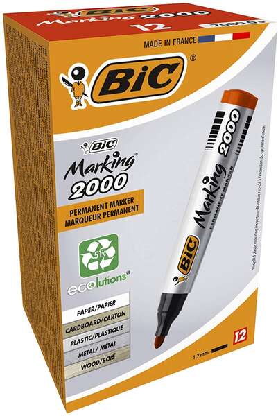 Caixa 12 Marcadores Permanente Bic Marking 2000 Ecolutions - Tinta à Base de Álcool - Ecológico - Secagem Rápida - Vermelho