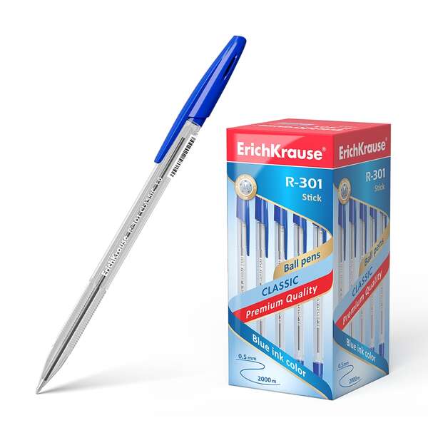 Caixa 50 unidades Caneta Esferográfica Erichkrause R-301 Ponta 1,0 mm - Traço 0,5 mm - Tinta de Secagem Rápida - Corpo Transparente - Tampa Ventilada - Azul