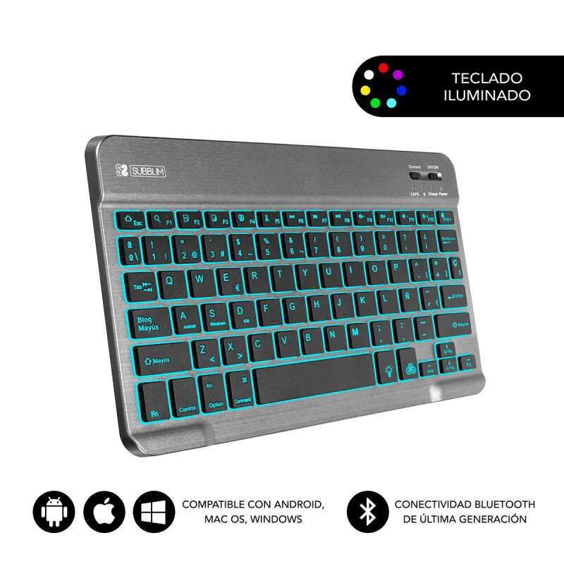 Teclado Subblim com retroiluminação BT - 6 mm de espessura - Conectividade Bluetooth 3.0 - Teclas de alta precisão - Bateria de iões de lítio recarregável - Cinzento