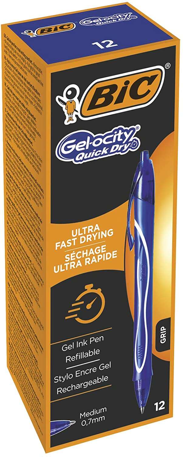 Caixa 12 unidades - Caneta de gel retrátil Bic Gel-Ocity Quick Dry - Ponta média de 0,7 mm - Tinta de gel - À prova de manchas - Secagem ultrarrápida - Azul