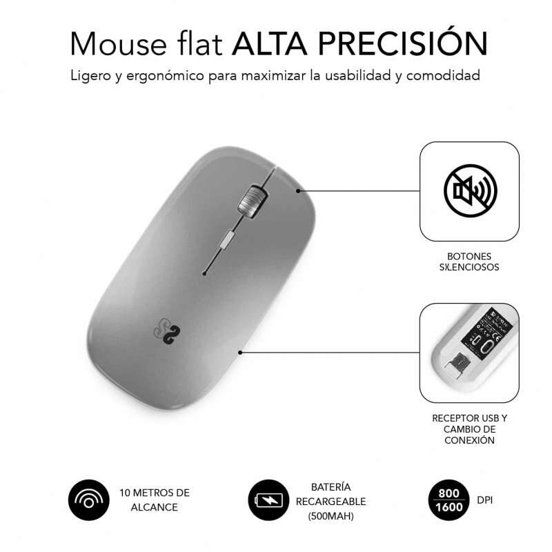 Rato Subblim Dual Flat - Ligação Dupla - Clique Silencioso - Bateria Recarregável - Roda de Silicone - Precisão de 1600 DPI - Cinzento