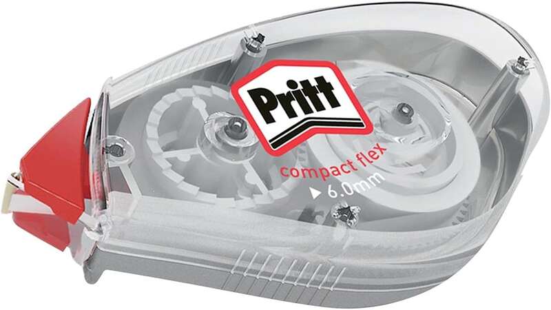 Caixa 8 Unidades - Fita Corretora Pritt Compact Flex 6mm x 10m - Ponta Flexível - Correção Suave e Limpa - Correção Bidirecional - Tampa Protetora