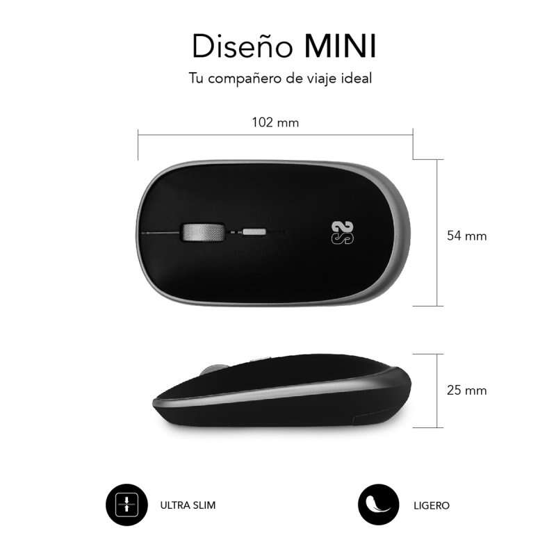 Rato sem fio Subblim Mini - Design ergonômico e elegante - Conexão USB Plug & Play - Tecnologia Silent Click - Ambidestro - Resolução ajustável - Durável e portátil - Preto