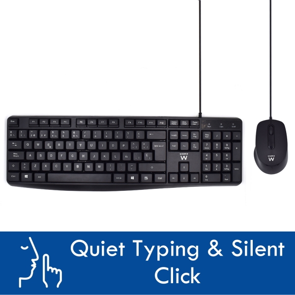 Pacote de teclado e rato com fio Ewent - Teclado de escritório - Cabo USB-A de 1,35 m - Rato de escritório - 1000 ppp - Cabo USB-A de 1,35 m - Preto - Teclado Espanhol
