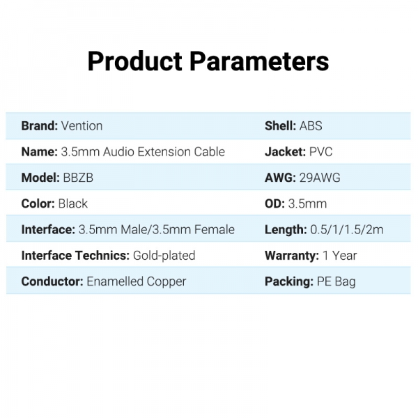 Cabo de extensão estéreo Vention 3,5 mm Jack macho para 3,5 mm Jack fêmea - 1 m - Preto
