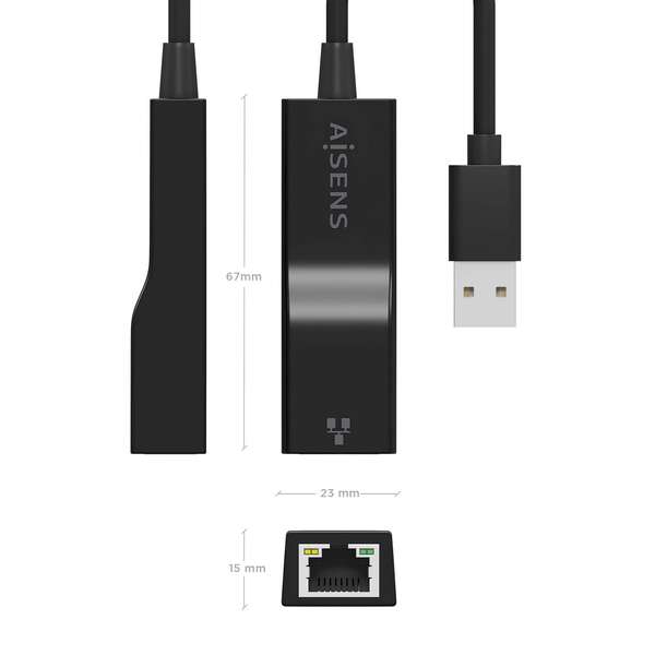 Aisens Conversor USB 3.0 a Ethernet Gigabit 10/100/1000 Mbps - 15cm - Cor Negro