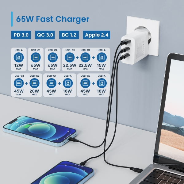 Carregador USB Ewent EW1323 - 3 Portas - Saída Máxima 65W - 1 USB A e 2 USB C - Branco