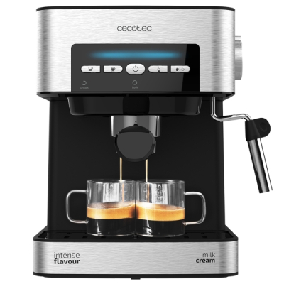 Máquina de café expresso Cecotec Power Espresso 20 Matic com bocal de vapor - Capacidade de 1,5L - Pressão de 20 bar - Reservatório de 1,5L - Aço inoxidável - Bocal de vapor - Aquecedor de chávenas - Preto e prateado