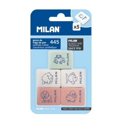 Milan 445 Pacote com 5 borrachas retangulares - Pão ralado - Borracha sintética macia - Desenhos infantis - Cores sortidas